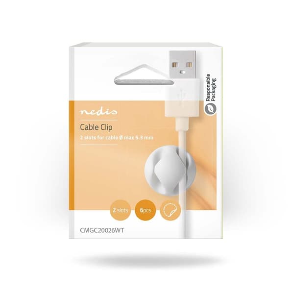 Nedis Kabel Management | Kabelklips | Klik og Go | 6 stk. | Antal slots: 2 Pladser | Maksimal tykkelse på kabel: 5.3 mm | TPE | Hvid