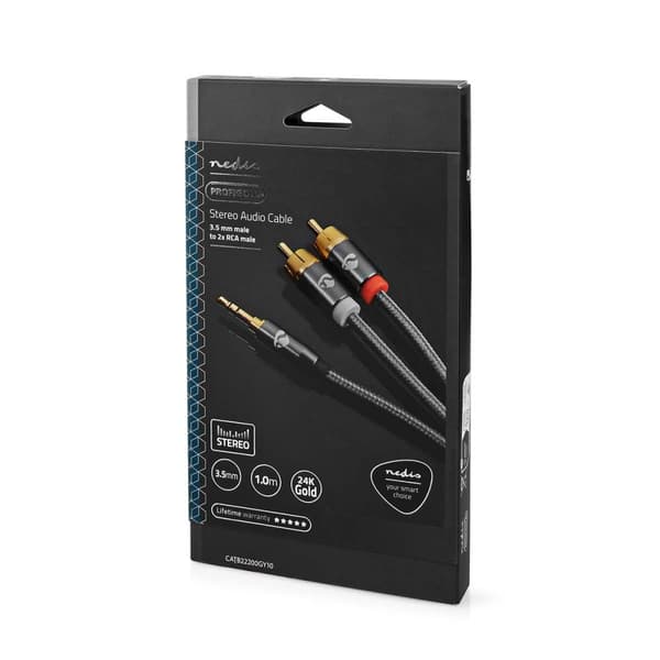 Nedis Stereo lydkabel | 3.5 mm Han | 2x RCA Han | Gull belagt | 1.00 m | Rund | Grå / Gun Metal Grå | Deksel Vindusboks