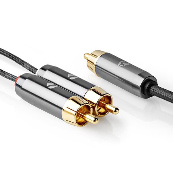 Nedis subwoofer Kabel | RCA Hane | 2x RCA Hane | Guldplaterad | 3.00 m | Rund | 4.5 mm | Grå / Grått Med Metall | Kartong med täckt fönster