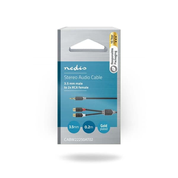 Nedis Stereo lydkabel | 3.5 mm Han | 2x RCA Hun | Gull belagt | 0.20 m | Rund | Antrasitt | Boks