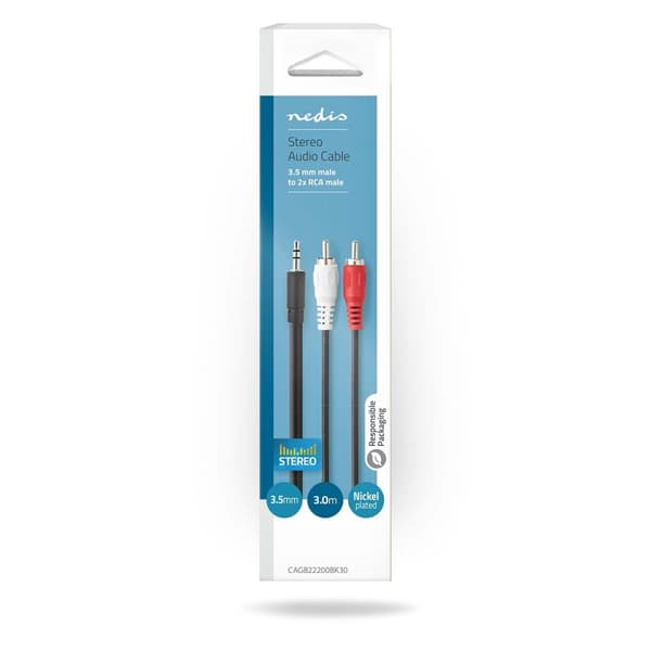 Nedis Stereo Audio kabel | 3.5 mm Hanstik | 2x RCA Hanstik | Nikkelplateret | 3.00 m | Runde | Sort | Box