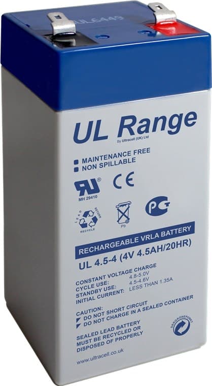 Ultracell Blybatteri 4 V, 4,5 Ah (UL4.5-4) Faston (4.8mm) Blybatteri