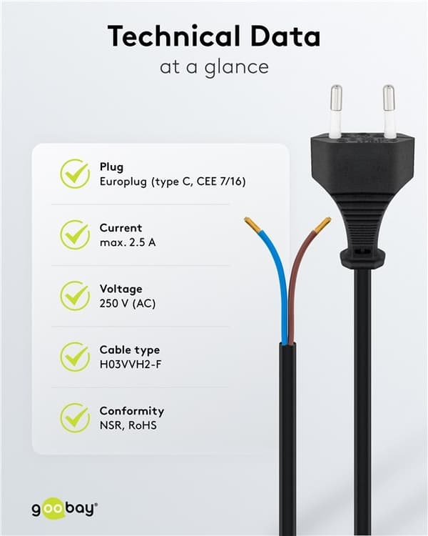 Goobay Kabel med euro-kontakt för montering, 1,5 m, svart Euro-kontakt (typ C, CEE 7/16) > lösa kabeländar