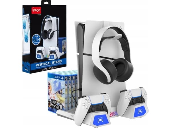Dėklas iPega P5S023 daugiafunkcis įkrovimo RGB stovas su aušinimu, skirtas PS5/PS5 plonas baltas