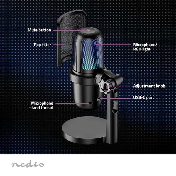 Nedis Suoratoisto- ja Pelimikrofoni | Käyttötarkoitus: Kannettava / Pöytätietokone | USB Type-A | On/off-kytkin | POP Filter