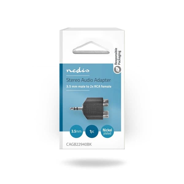 Nedis Stereo Audio Adapter | 3.5 mm Hanstik | 2x RCA Hun | Nikkelplateret | Lige | ABS | Sort | 1 stk. | Box