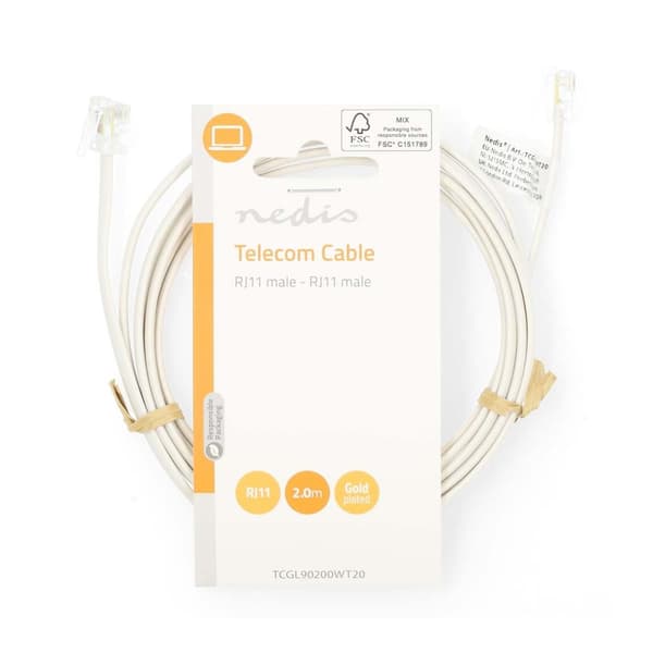 Nedis Telekomkabel | RJ11 Hane | RJ11 Hane | 2.00 m | Kabelns utformning: Platt | Guldplaterad | Kabeltyp: RJ11 | Vit | Label
