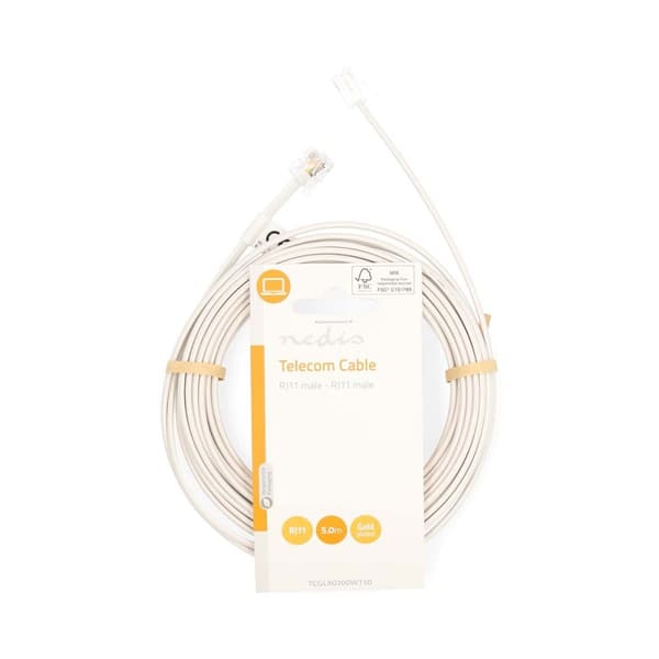 Nedis Telekomkabel | RJ11 Hane | RJ11 Hane | 5.00 m | Kabelns utformning: Platt | Nickelplaterad | Kabeltyp: RJ11 | Vit | Label