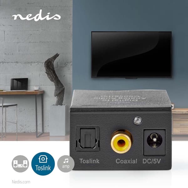 Nedis Digital Audio Omvandlare | Envägs | Anslutningsingång: 1x Digital RCA / 1x TosLink | Anslutningsutgång: 1x (2x RCA) / 1x 3.5 mm | Automatisk | I