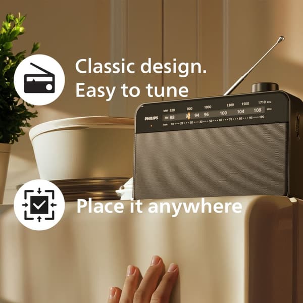 Philips Bærbar analog FM/MW-radio TAR2509. Nett- eller batteridrevet