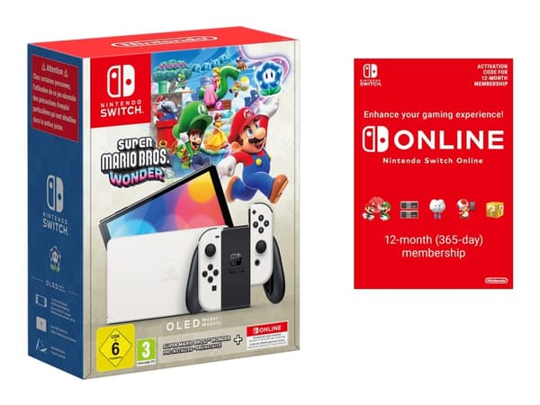 Nintendo Switch OLED - Spelkonsol - Full HD - vit - Super Mario Bros. Wonder - med Nintendo Switch 12 månaders medlemskap online Vit