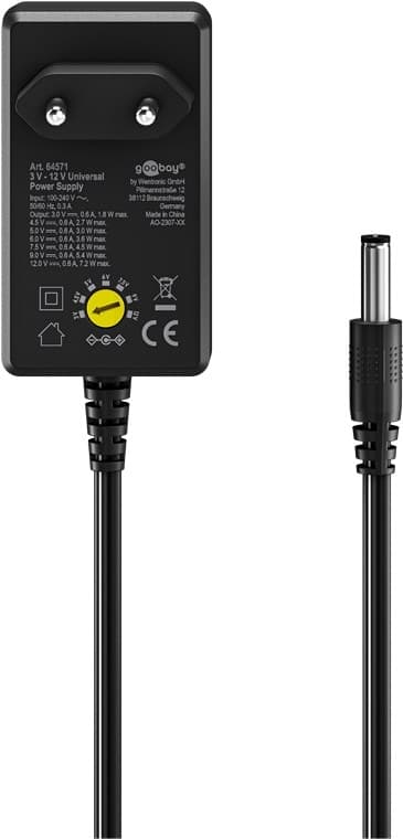 Goobay Universell strømforsyning 3 V - 12 V, maks. 7,2 W inkl. 11 adaptere: 7 DC-adaptere pluss USB-C™, USB-A, USB Mini-B, Micro-USB og rekkeklemme