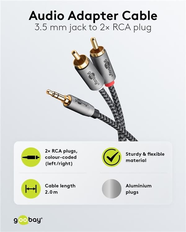 Goobay Ljudadapterkabel AUX, 3,5 mm jack till stereo RCA-kontakt, 2 m Pawl 3,5 mm plugg (3-stift, Stereo) > 2x RCA-kontakt (ljud vänster / höger)