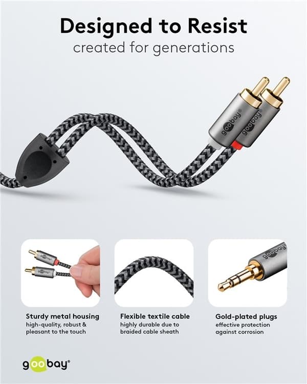 Goobay Ljudadapterkabel AUX, 3,5 mm jack till stereo RCA-kontakt, 2 m Pawl 3,5 mm plugg (3-stift, Stereo) > 2x RCA-kontakt (ljud vänster / höger)