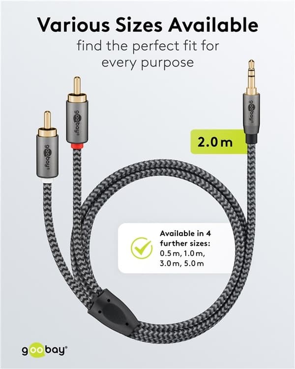 Goobay Ljudadapterkabel AUX, 3,5 mm jack till stereo RCA-kontakt, 2 m Pawl 3,5 mm plugg (3-stift, Stereo) > 2x RCA-kontakt (ljud vänster / höger)