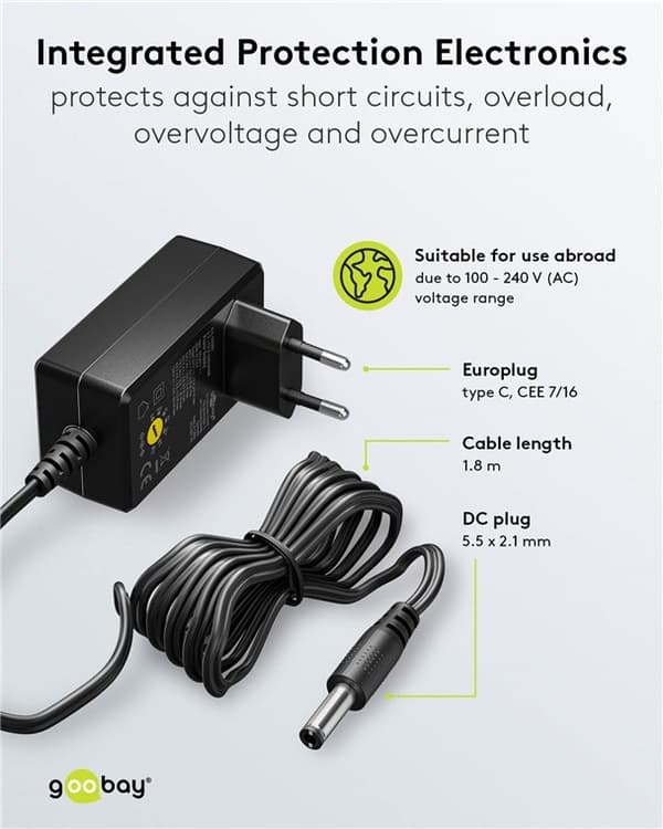 Goobay Universell strømforsyning 3 V - 12 V, maks. 3,6 W inkl. 11 adaptere: 7 DC-adaptere pluss USB-C™, USB-A, USB Mini-B, Micro-USB og rekkeklemme