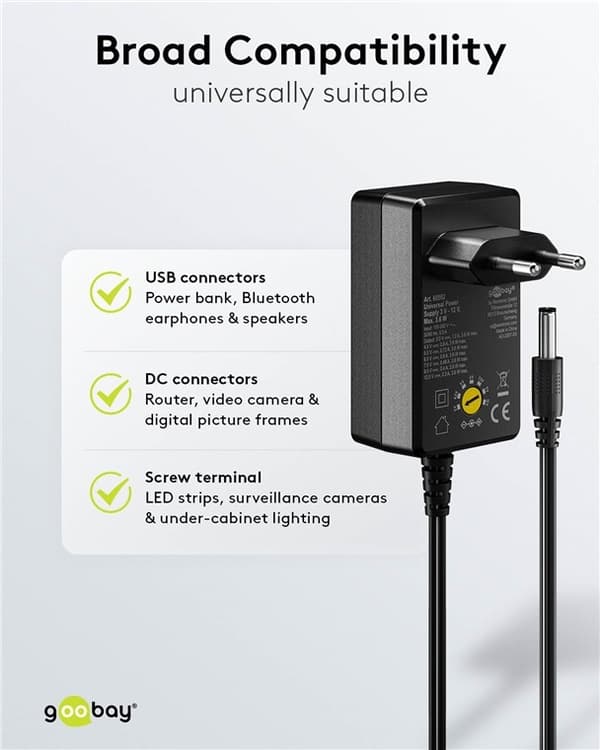 Goobay Universell strømforsyning 3 V - 12 V, maks. 3,6 W inkl. 11 adaptere: 7 DC-adaptere pluss USB-C™, USB-A, USB Mini-B, Micro-USB og rekkeklemme
