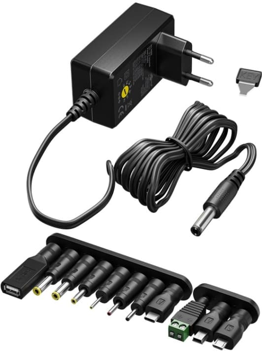 Goobay Universell strømforsyning 3 V - 12 V, maks. 3,6 W inkl. 11 adaptere: 7 DC-adaptere pluss USB-C™, USB-A, USB Mini-B, Micro-USB og rekkeklemme Sort