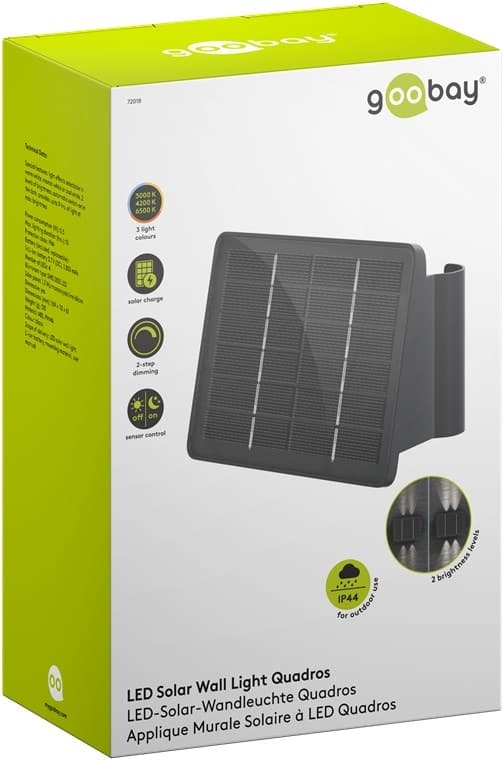 Goobay LED-vägglampa med solcell Quadros, svart 50 lm, 3 lägen varmvit till kallvit (3000, 4200, 6500 K), för indirekt utomhusbelysning