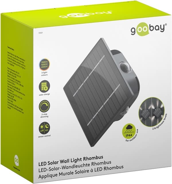 Goobay LED-vegglampe med solcelle Romb, svart 30 lm, 3 moduser varmhvit til kaldhvit (3000, 4200, 6500 K), for indirekte utendørsbelysning