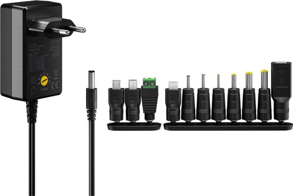 Goobay Universalnätdel 3 V - 12 V, max. 27 W, 2,25 A inkl. 11 adaptrar: 7 DC-adaptrar plus USB-C™, USB-A, USB Mini-B, Micro-USB och terminalblock