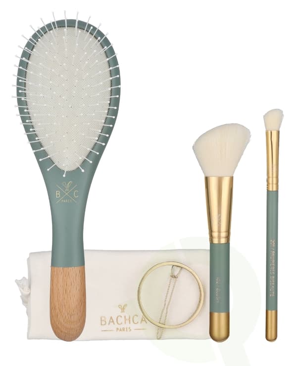 Bachca Paris Les Essentiels Eucalyptus Hair & Face Set 5 piece 1x Wooden Hair Brush/1x Blush Brush/1x Contour shader Brush/1x Round Hair Clip/1x Cotto