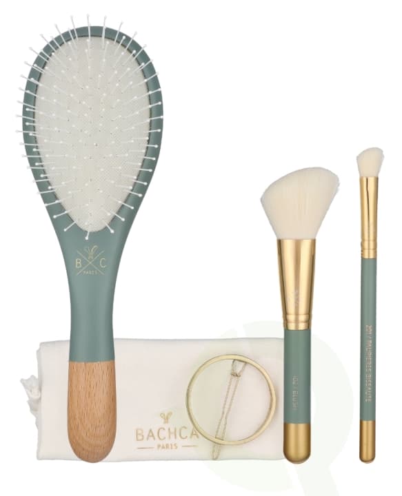 Bachca Paris Les Essentiels Eucalyptus Hair & Face Set 5 piece 1x Wooden Hair Brush/1x Blush Brush/1x Contour shader Brush/1x Round Hair Clip/1x Cotto