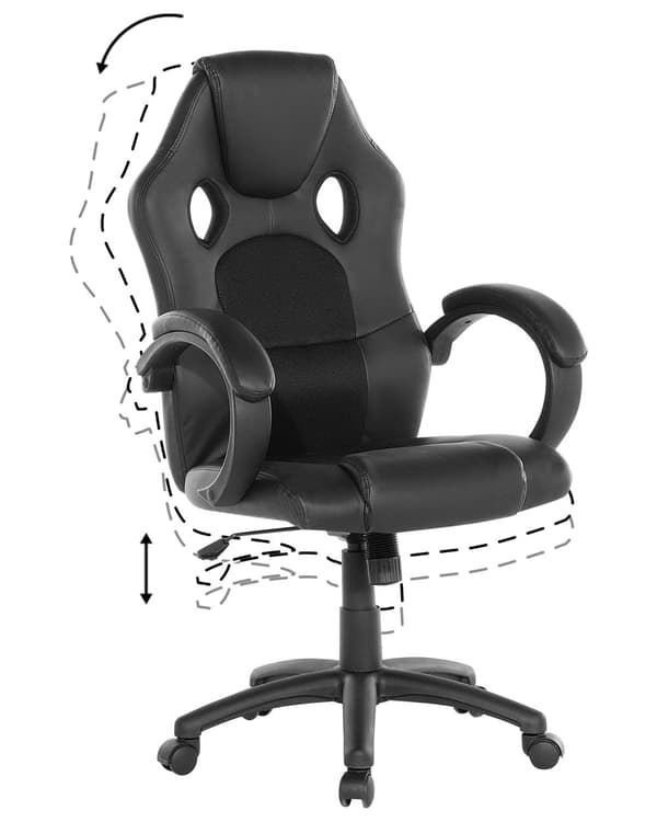 Työtuoli musta 65 x 108-115 x 65 cm keinonahka säädettävä pyörät kallistuva verkkokangas