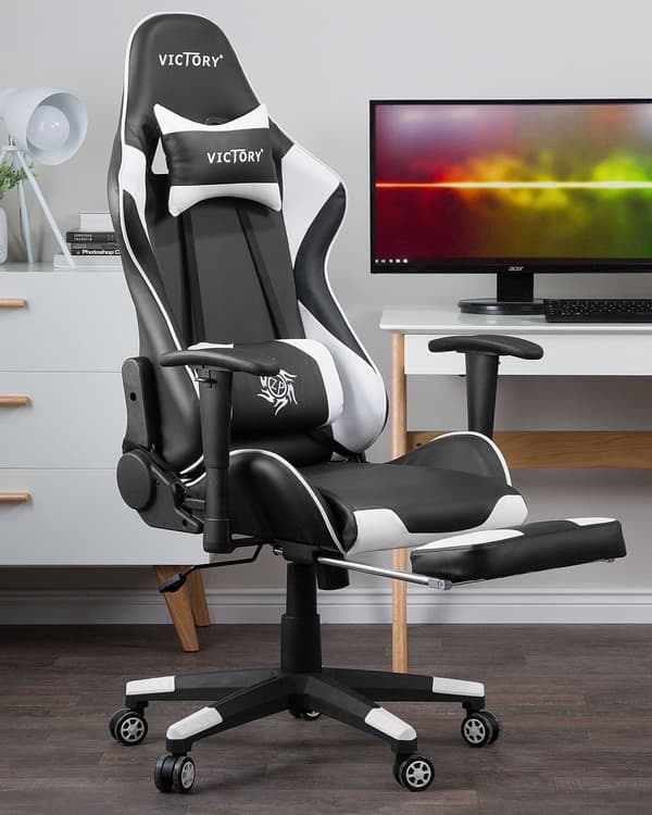 Pelituoli musta valkoinen keinonahka ergonominen kallistuva korkeussäädettävä jalkatuella työtuoli moderni