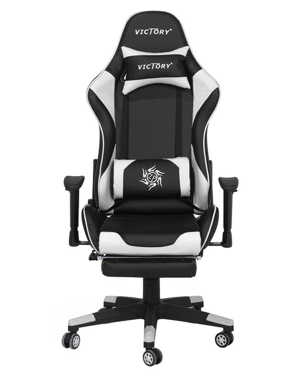 Pelituoli musta valkoinen keinonahka ergonominen kallistuva korkeussäädettävä jalkatuella työtuoli moderni