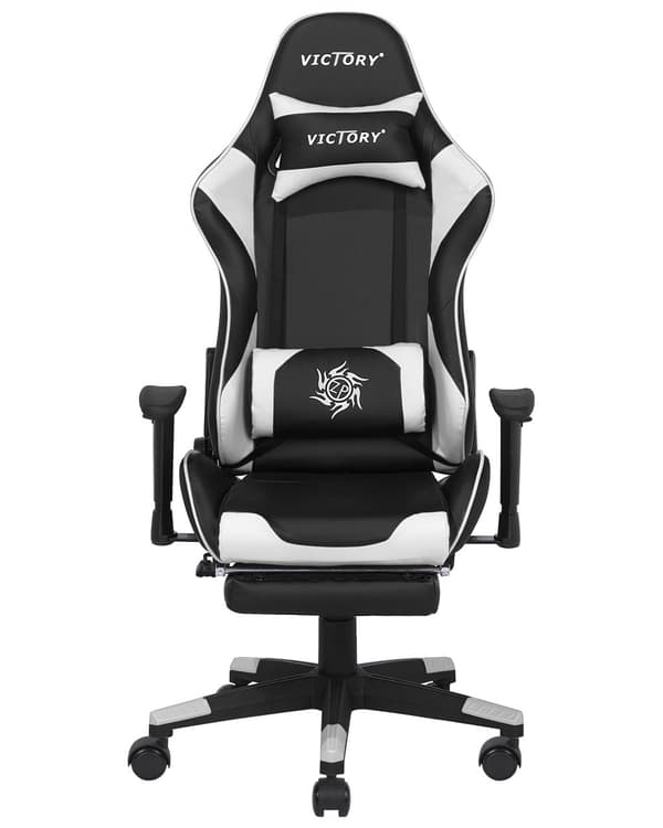 Gamingstol Svart Vit Konstläder Justerbara Armstöd och Höjd Fotstöd Modern design