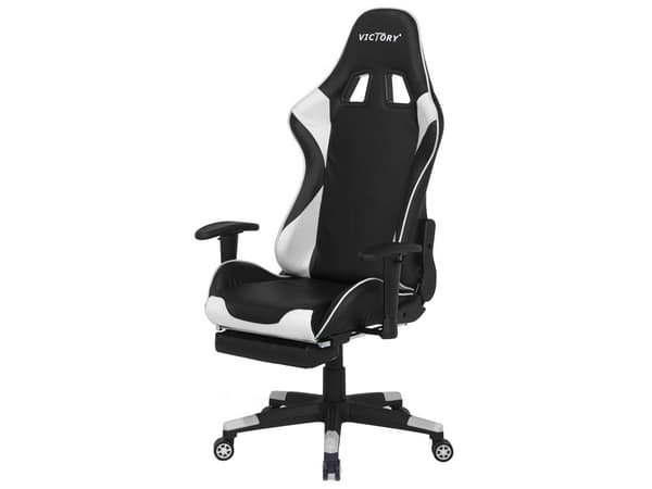 Gamerstol Sort Hvid Kunstlæder Drejeligt Justerbare Armlæn og Højde Fodstøtte Moderne Stil