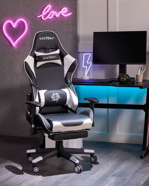 Gamerstol Sort Hvid Kunstlæder Drejeligt Justerbare Armlæn og Højde Fodstøtte Moderne Stil