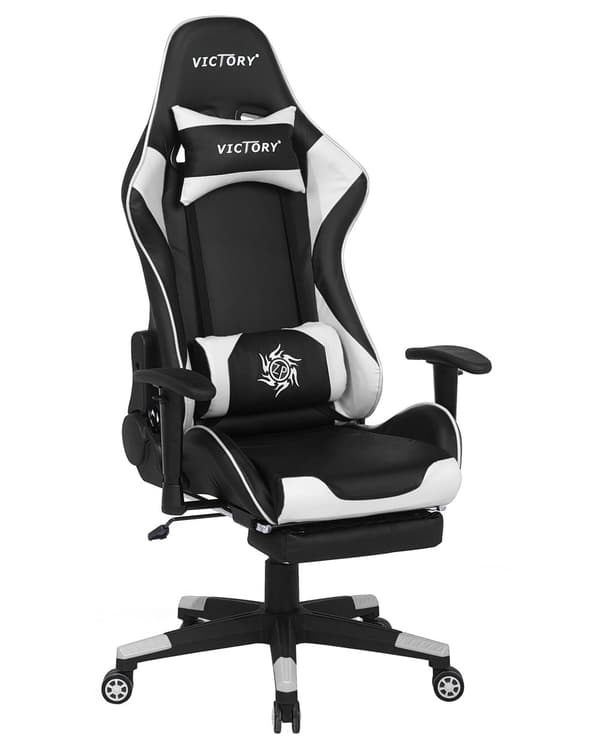 Gamerstol Sort Hvid Kunstlæder Drejeligt Justerbare Armlæn og Højde Fodstøtte Moderne Stil