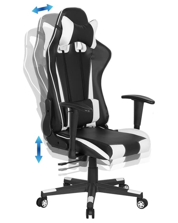 Gamerstol Sort Hvid Læder 125/135 x 71 cm Kontorstol på Hjul med Justerbare Armlæn Højde Lændestøtte Nakkestøtte Vippefunktion Drenge Værelse