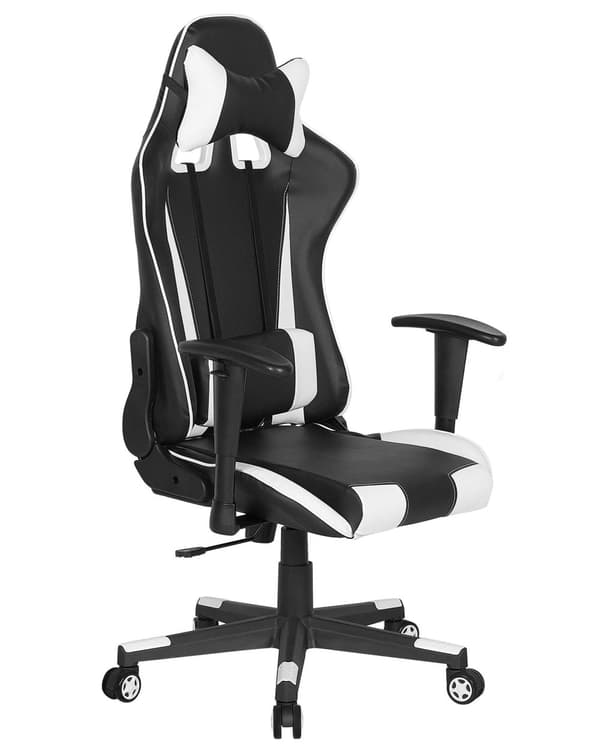 Gamerstol Sort Hvid Læder 125/135 x 71 cm Kontorstol på Hjul med Justerbare Armlæn Højde Lændestøtte Nakkestøtte Vippefunktion Drenge Værelse