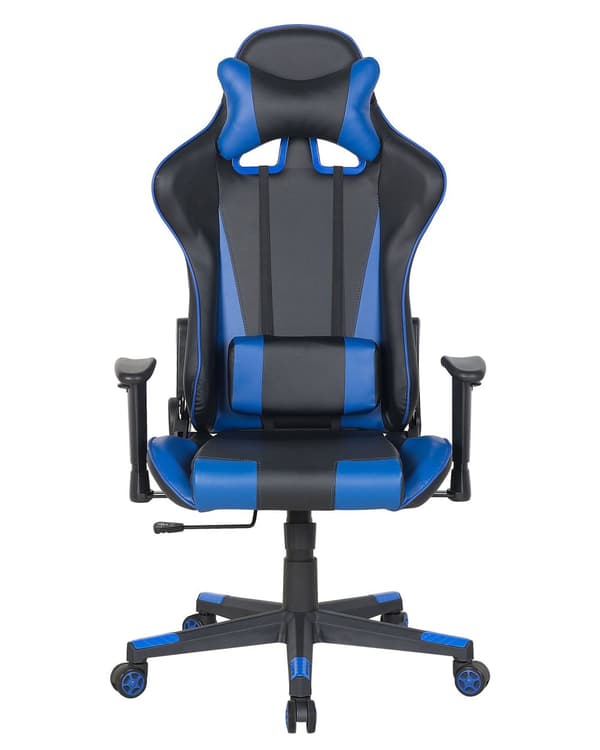 Gamerstol Sort Blå Læder 125/135 x 71 cm Kontorstol på Hjul med Justerbare Armlæn Højde Lændestøtte Nakkestøtte Vippefunktion Drenge Værelse
