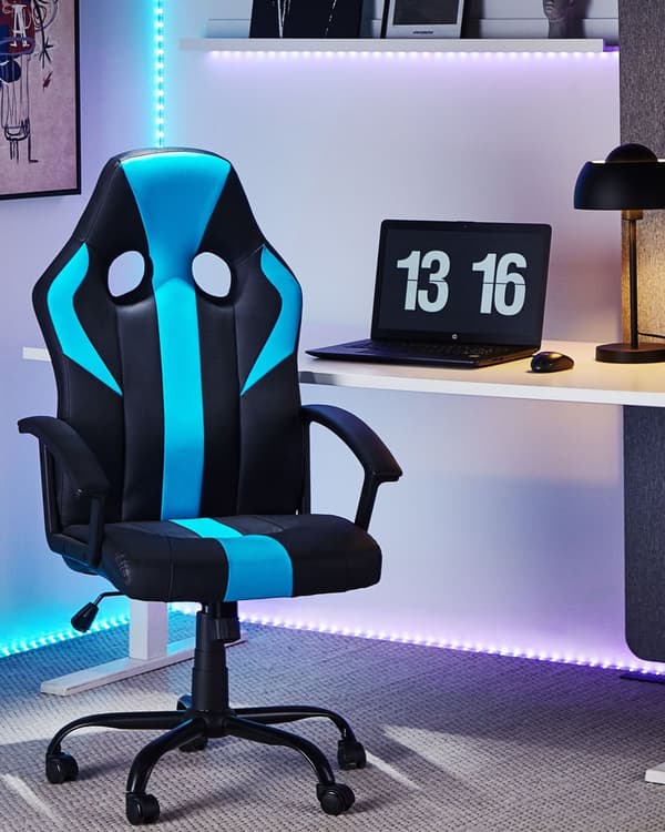 Kontorsstol Svart och Blå Konstläder Gaslift Justerbar Höjd Lutningsfunktion Gamingstol