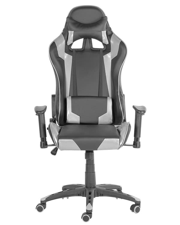 Työtuoli musta hopea keinonahka verhoiltu metalli pyörillä säädettävä kallistuva kääntyvä ergonominen moderni