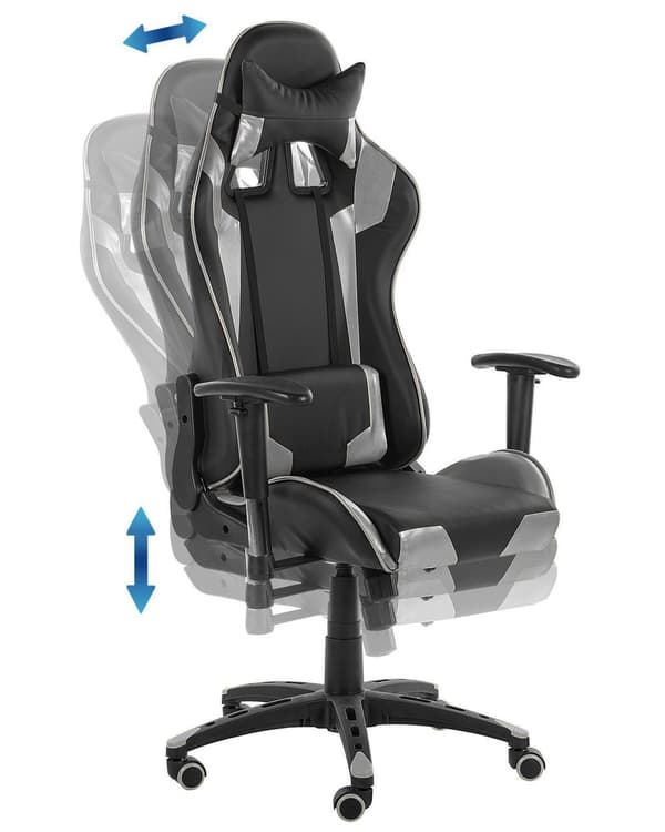 Työtuoli musta hopea keinonahka verhoiltu metalli pyörillä säädettävä kallistuva kääntyvä ergonominen moderni