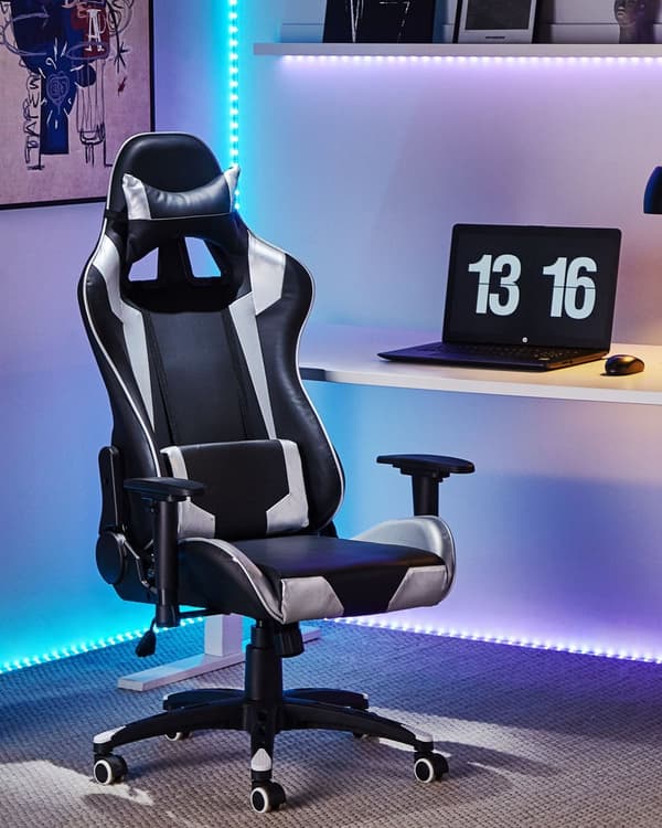 Työtuoli musta hopea keinonahka verhoiltu metalli pyörillä säädettävä kallistuva kääntyvä ergonominen moderni