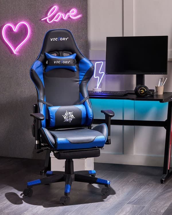 Gamingstol Svart Blå Konstläder Justerbara Armstöd och Höjd Fotstöd Modern design