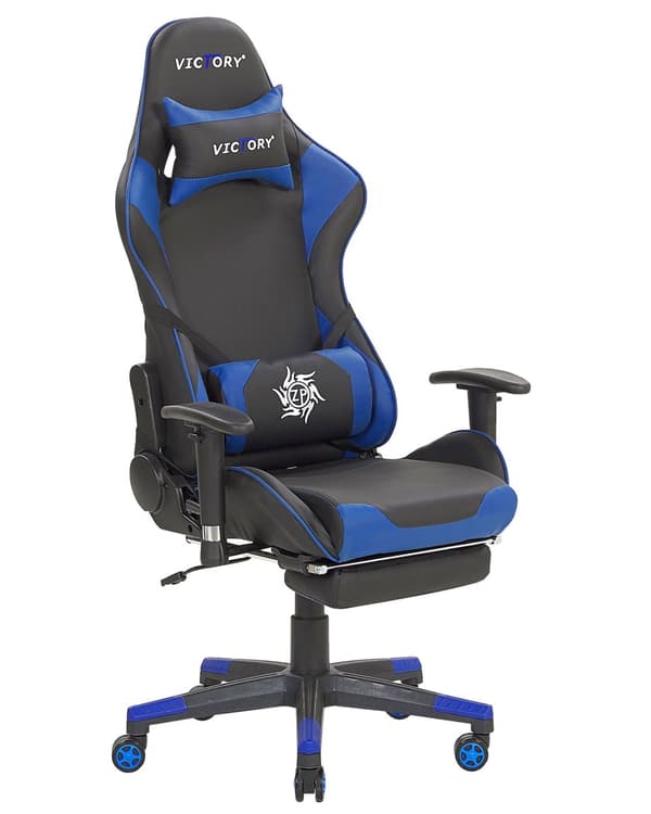 Gamingstol Svart Blå Konstläder Justerbara Armstöd och Höjd Fotstöd Modern design