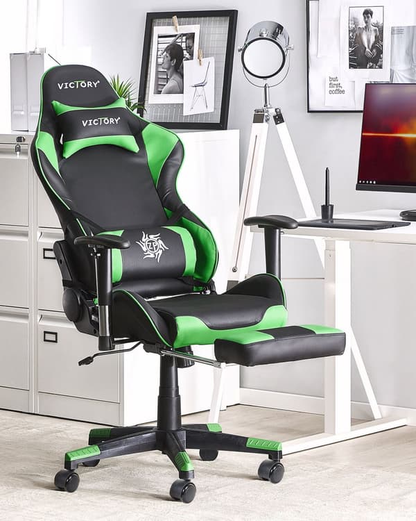 Gamingstol Svart Grön Konstläder Justerbara Armstöd och Höjd Fotstöd Modern design