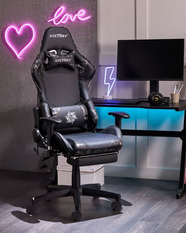 Gamingstol Svart Camouflage Konstläder Justerbara Armstöd och Höjd Fotstöd Modern design