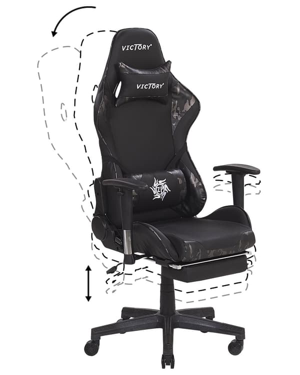 Pelituoli musta harmaa keinonahka ergonominen kallistuva korkeussäädettävä jalkatuella maastokuvio työtuoli moderni