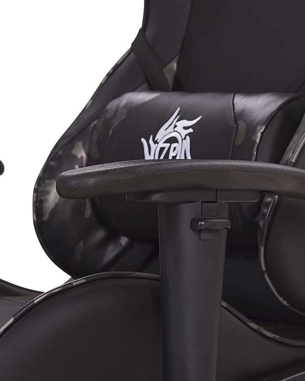 Pelituoli musta harmaa keinonahka ergonominen kallistuva korkeussäädettävä jalkatuella maastokuvio työtuoli moderni