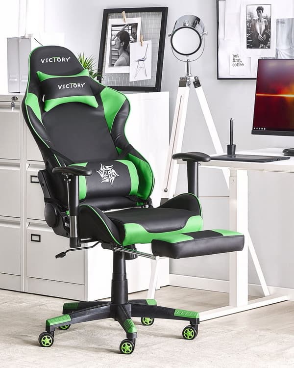 Pelituoli musta vihreä keinonahka ergonominen kallistuva korkeussäädettävä jalkatuella maastokuvio työtuoli moderni