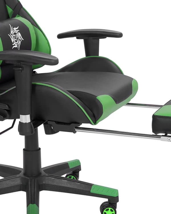 Pelituoli musta vihreä keinonahka ergonominen kallistuva korkeussäädettävä jalkatuella maastokuvio työtuoli moderni
