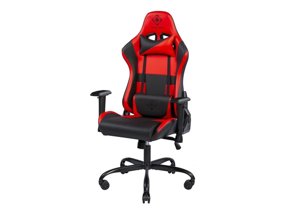 DELTACO GAMING GAM-096 - Spelstol - ergonomisk - högsvart - armstöd - T-formad - lutning - svängtapp - PU-behandlat läder, aluminiumram - svart, röd
